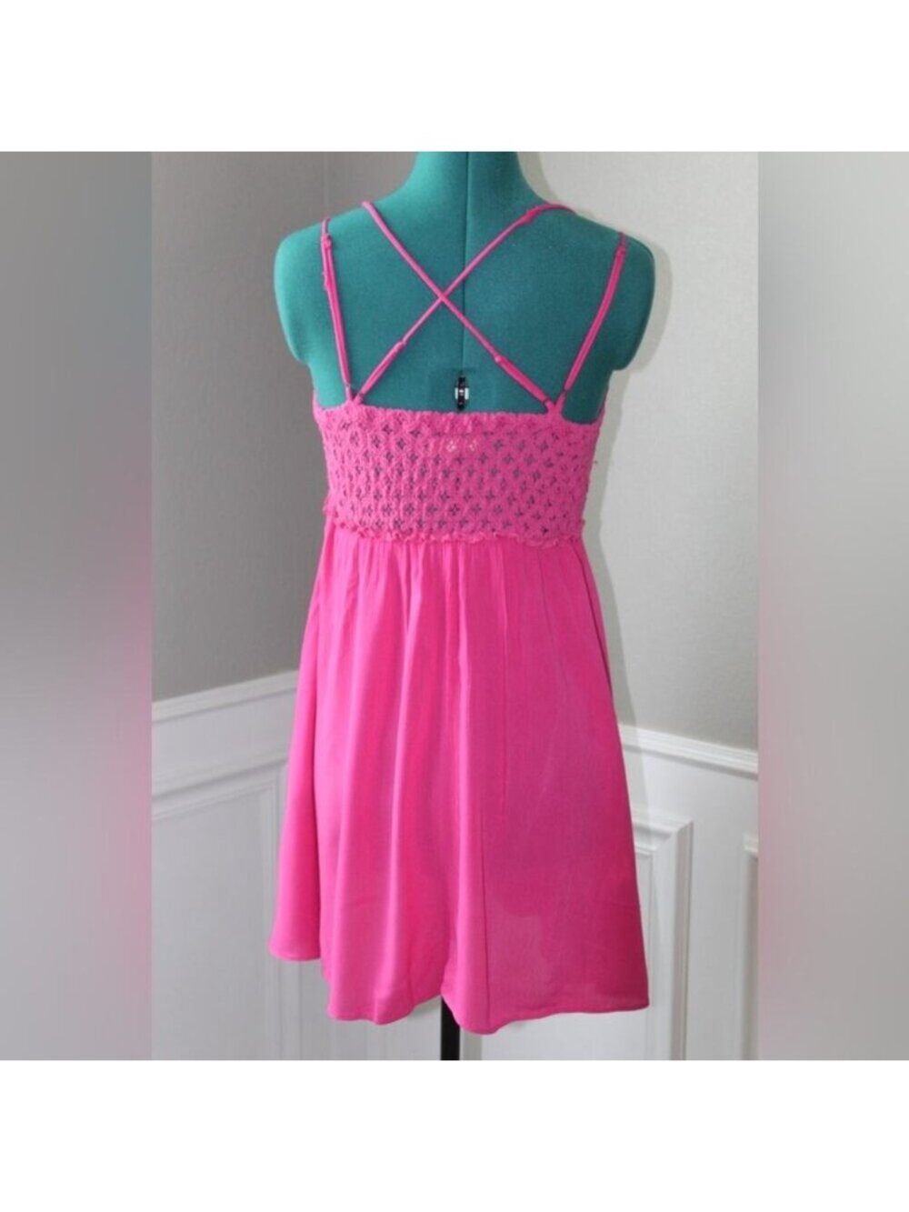 Chelsea & Violet Pink Babydoll Dress | Spaghetti Strap | Crochet | Women’s M
